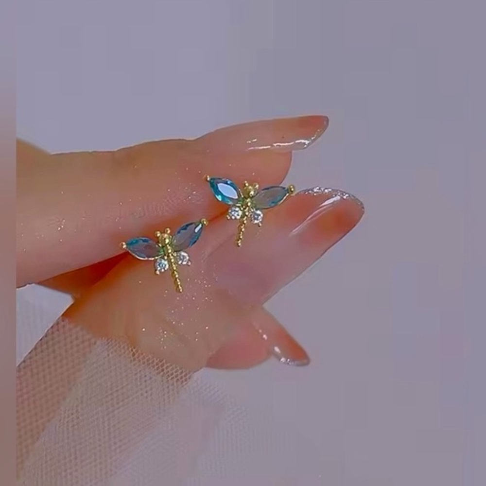 Delicate Blue Crystal Dragonfly Stud Earrings - Gold Tone